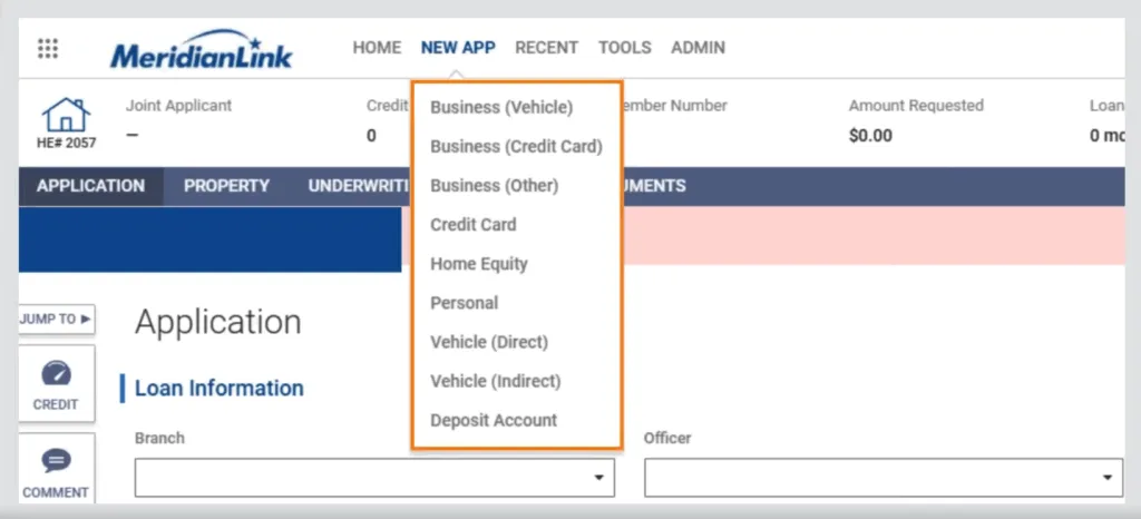 Screenshot of MeridianLink dashboard showing step of starting a new app